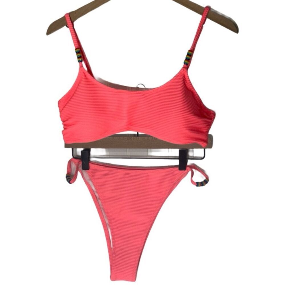 Cupshe Bikini Set XL Pink Ribbed Rainbow Bead Tie Swim Retro Pool Barbie NWT